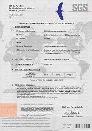 Certificado Evaluacion de SGS para Beagle Agentes de Aduana para Antamina